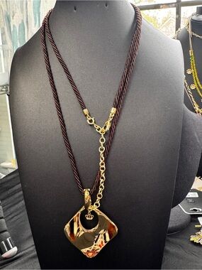 Premier Designs Gold Pendant on Brown Cord Necklace